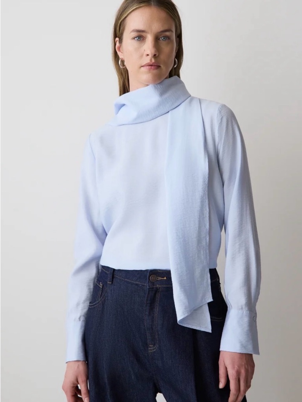 RW&CO. Pale Blue Scarf-Neck Long Sleeve Top